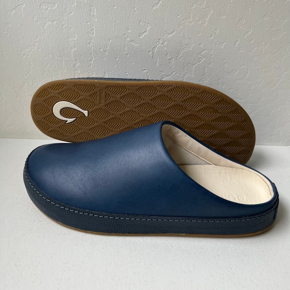 Olukai Hamani Leather Mules Men's Size 9 Blue Slip-On Comfort Minimalist NEW - Picture 1 of 13